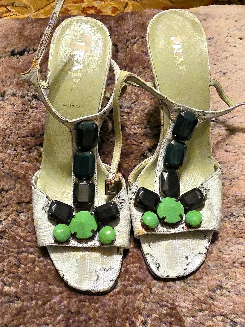 Prada Embellished Brocade Heels Stones EU 37 7 Us Rare